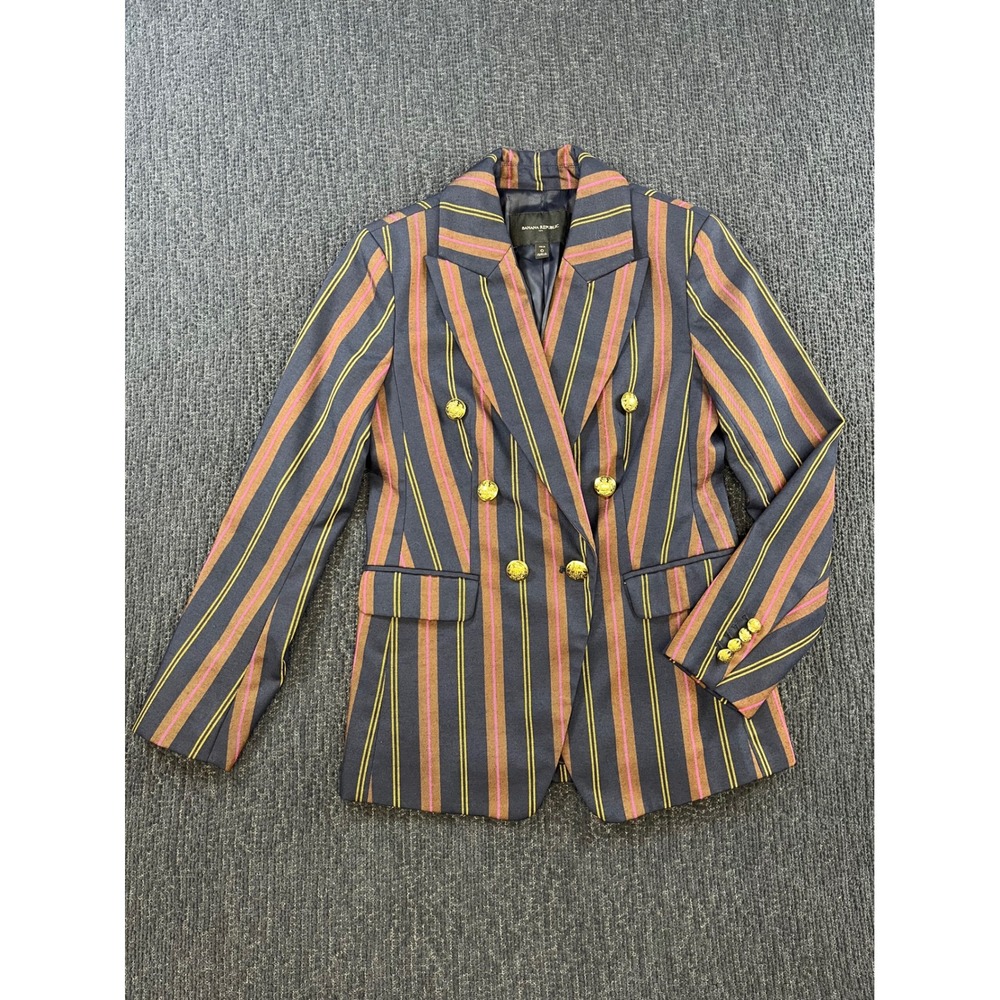 Banana Republic Sz 0P Navy Striped Double Breasted Gold Crest Button Icon Blazer